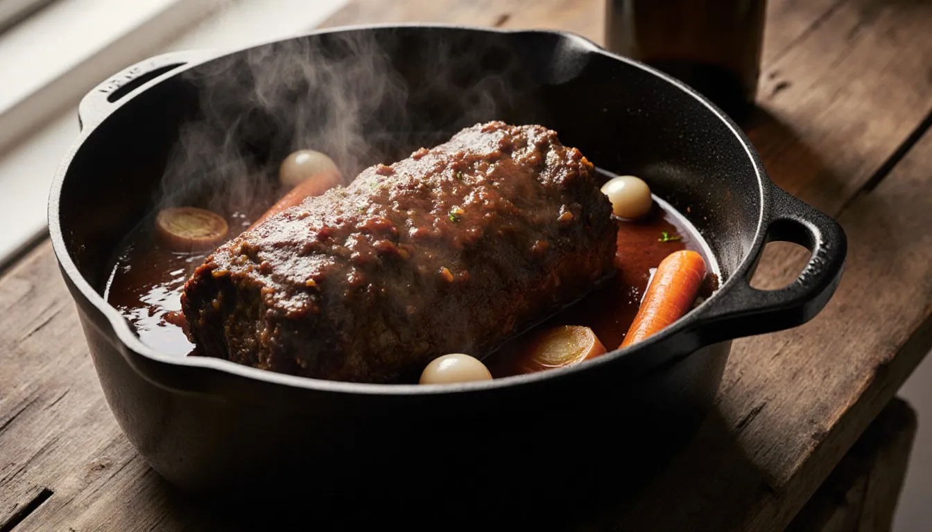 A beef roast braised in Madeira wine sauce with pearl onions and carrots in a cast-iron pot