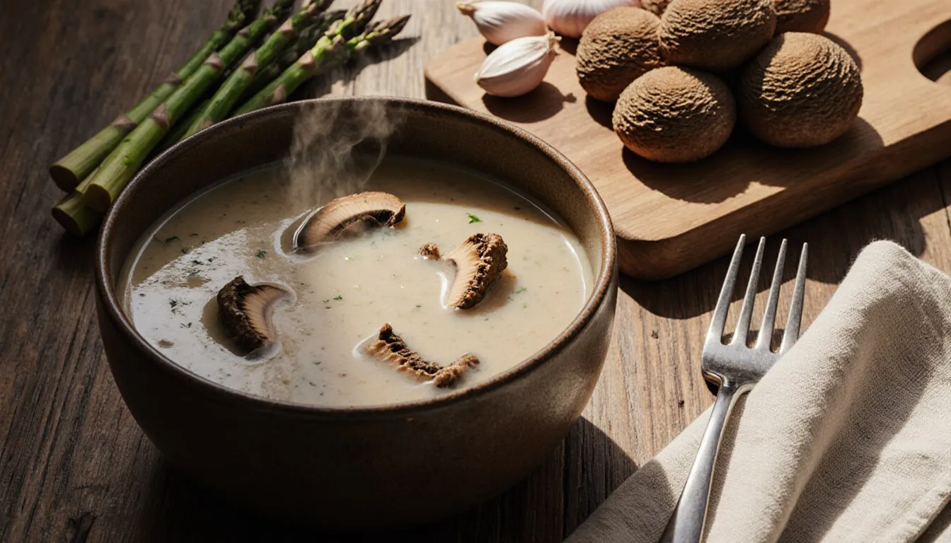Bowl of maitake mushroom soup with dried maitake mushrooms and asparagus on a wooden table