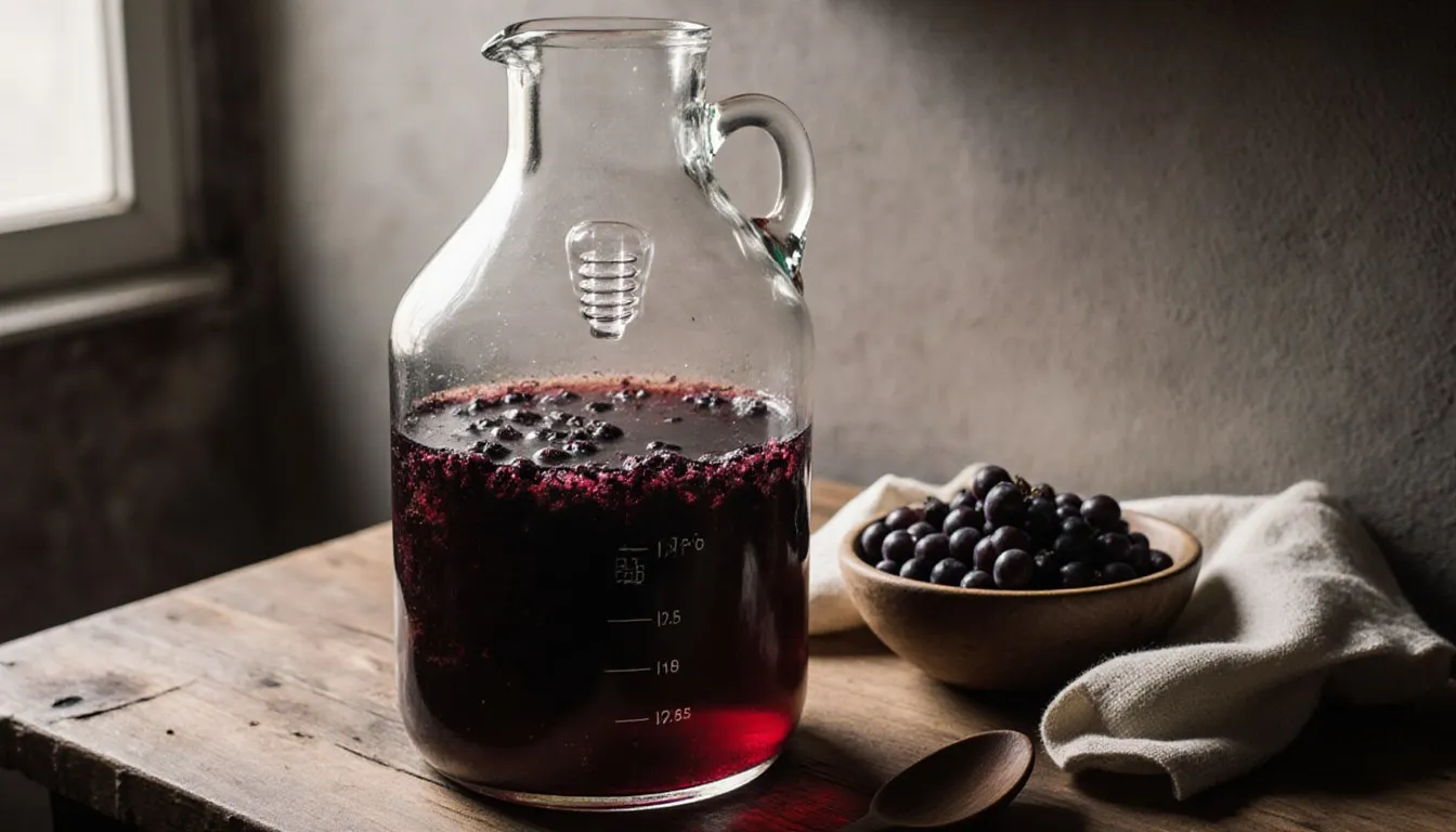 A glass carboy of homemade fermenting wine with an airlock beside crushed grapes and straining cloth