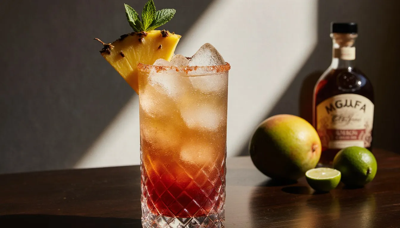 A mango mai tai cocktail garnished with pineapple and mint, glowing orange in natural light on a wooden bar.