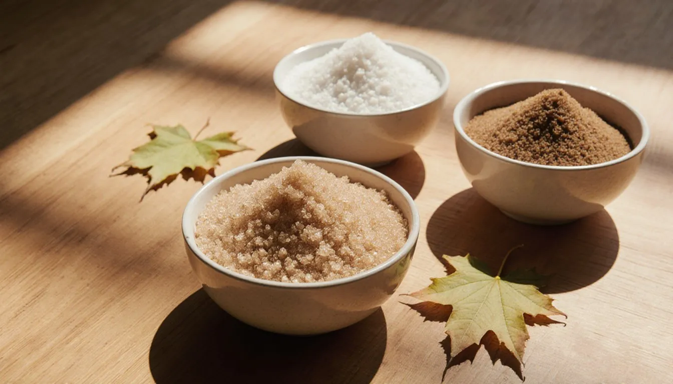 Bowls of maple sugar crystals beside white and brown sugar substitutes on a wooden counter