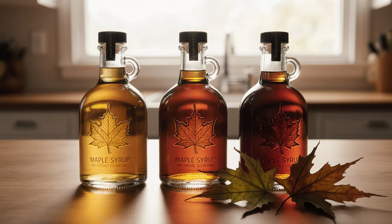 Three glass bottles of maple syrup in different amber shades, lit from behind to show their color and clarity