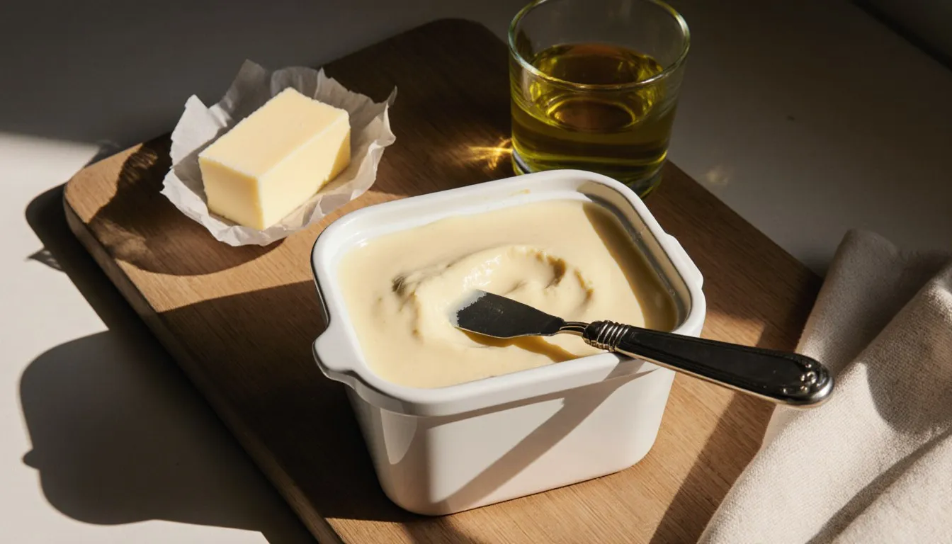 A tub of soft spread beside a stick of butter and a dish of olive oil on a wooden board
