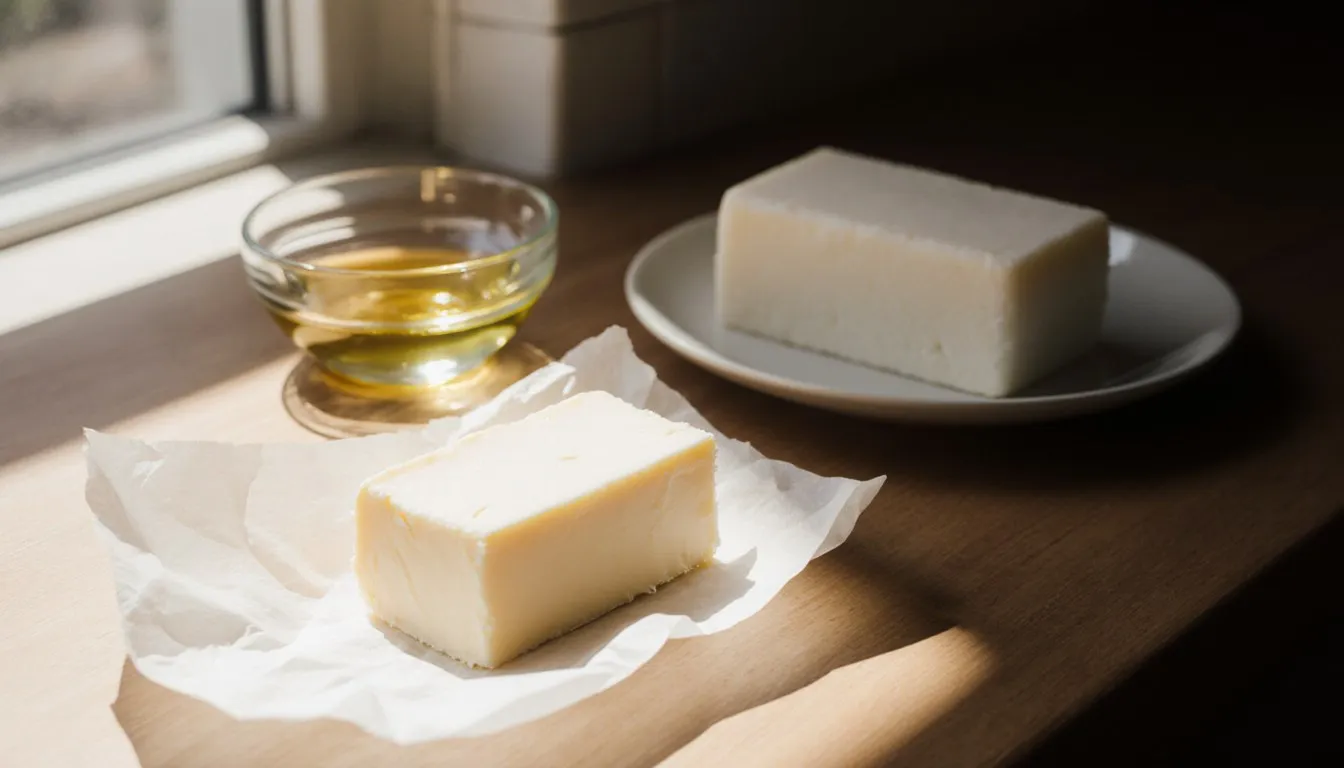 A stick of butter, a dish of vegetable oil, and a block of shortening arranged on a kitchen counter as margarine substitutes