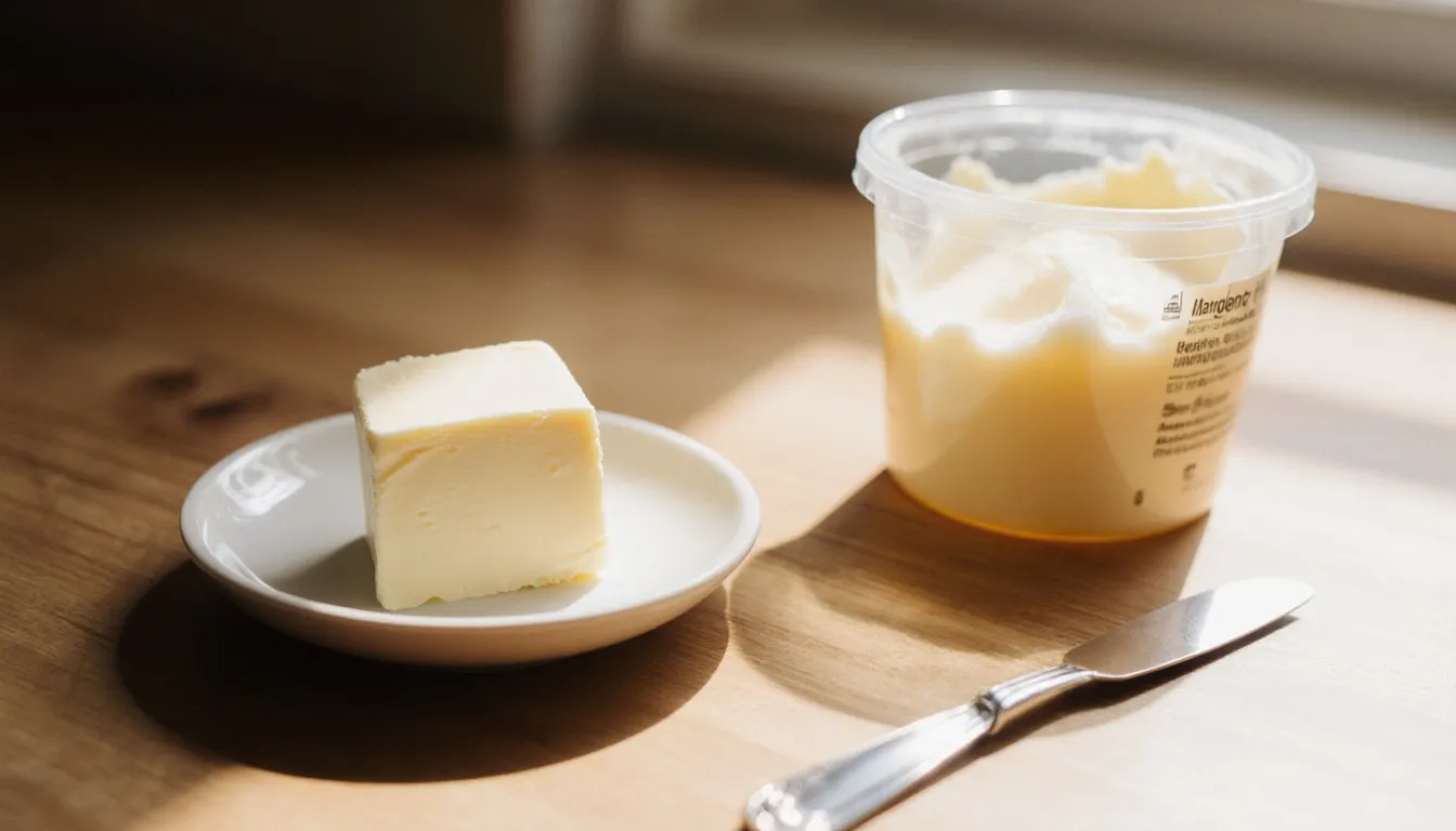 A pat of butter on a dish beside an open tub of margarine on a wooden kitchen counter