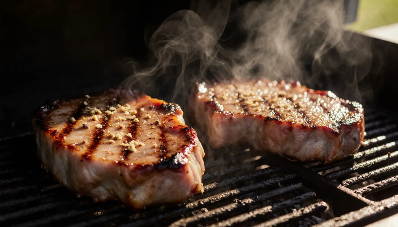 Marinated pork chops with a glossy glaze and char marks cooking on an outdoor grill
