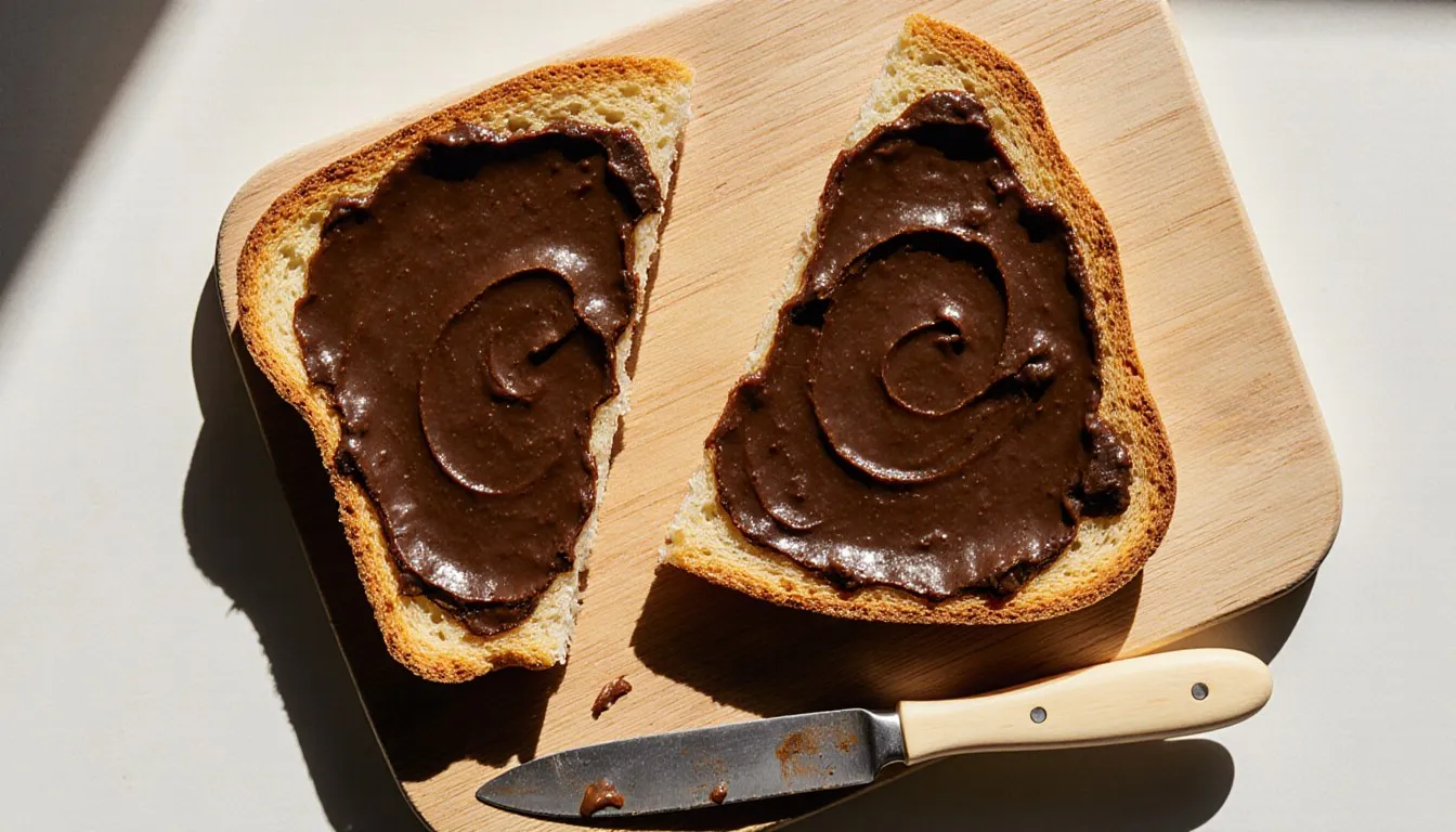 Two toast triangles spread with thick, glossy dark yeast extract, showing subtle differences in texture and sheen