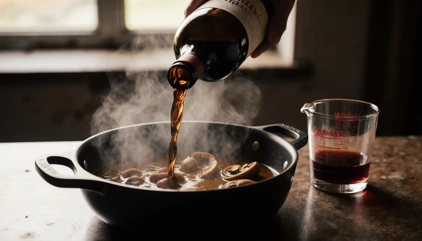 Marsala wine pouring from a bottle into a simmering pan sauce with mushrooms