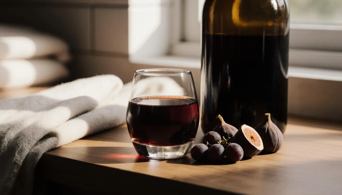 A glass of amber fortified wine beside grapes and figs, standing in for Marsala wine in cooking