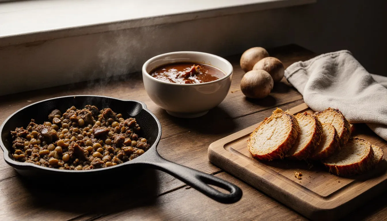 Steaming skillet of browned mushroom and lentil crumble beside a bowl of chili-style sauce, whole cremini mushrooms, and sliced bread on a cutting board