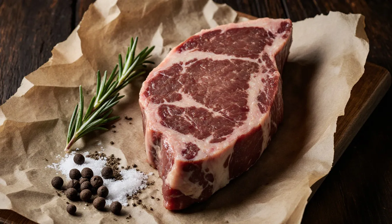 Marbled ribeye steak on butcher paper with rosemary, pepper and coarse salt