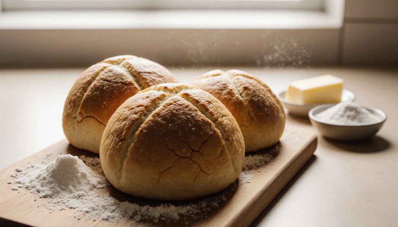 Freshly baked melon bread buns with golden crosshatched cookie crust on a wooden board