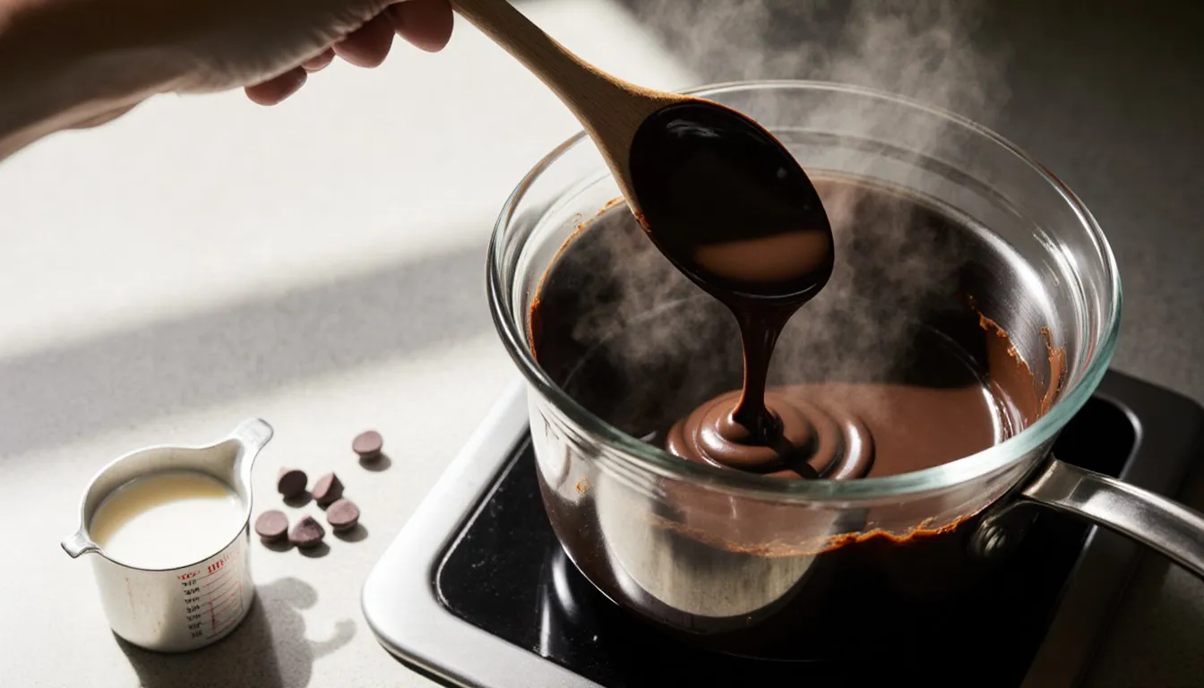 Dark chocolate chips melting into a glossy pool in a glass bowl set over a simmering double boiler
