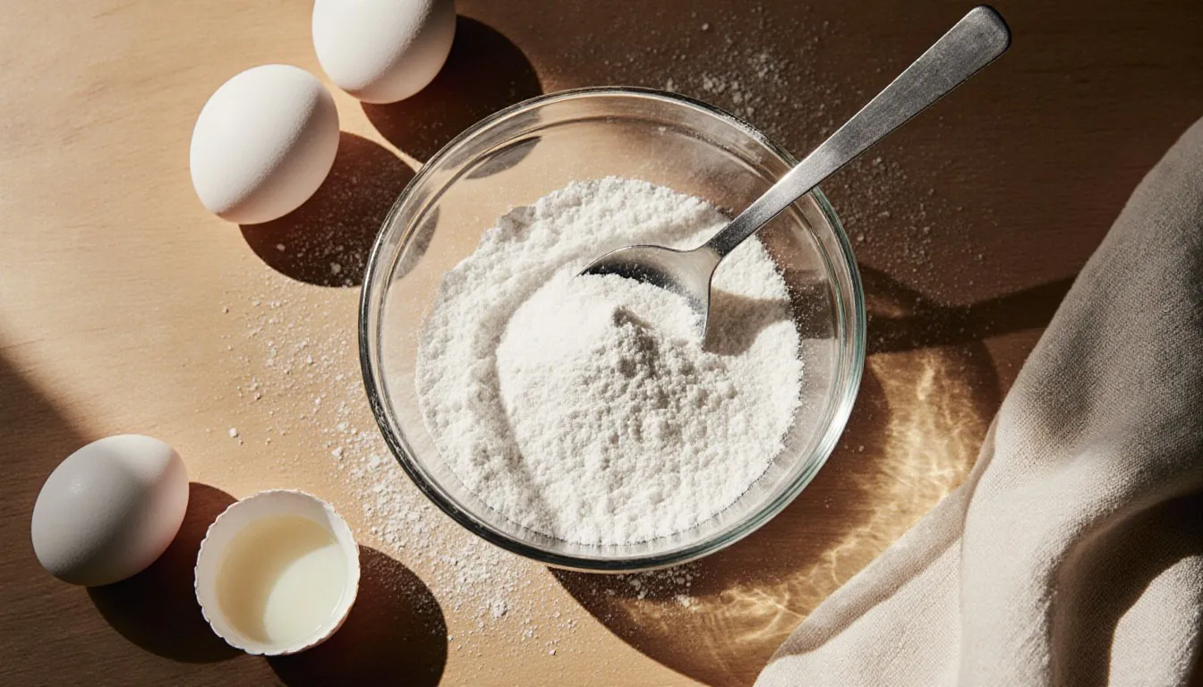 A bowl of meringue powder next to raw eggs on a kitchen counter, illustrating common substitute ingredients