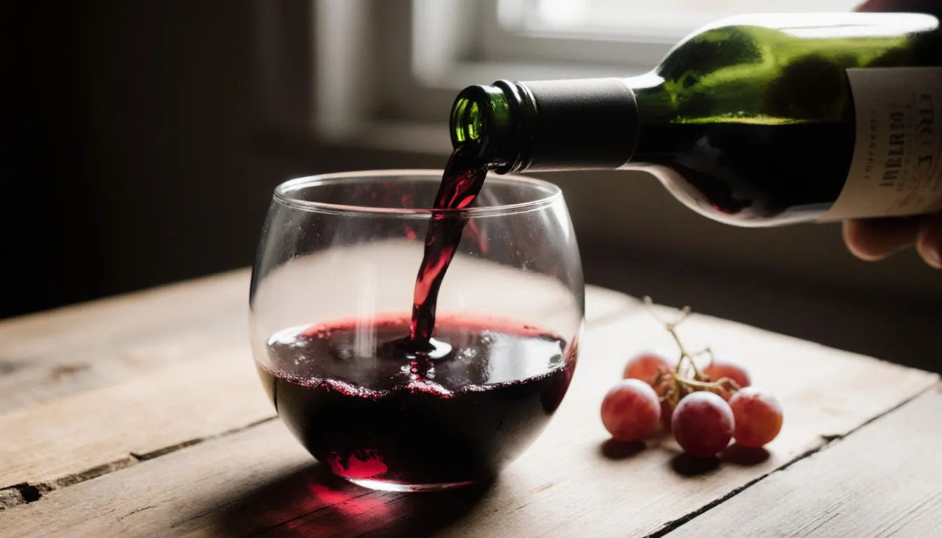A glass of merlot wine being poured from an unmarked bottle on a wooden table