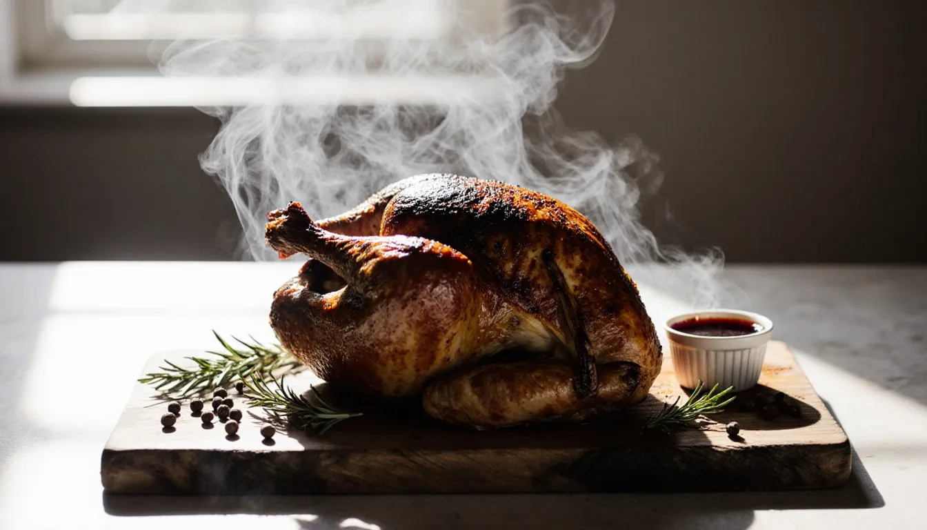 A whole mesquite-smoked chicken with bronzed skin, fresh herbs, and a sherry glaze on a wooden board