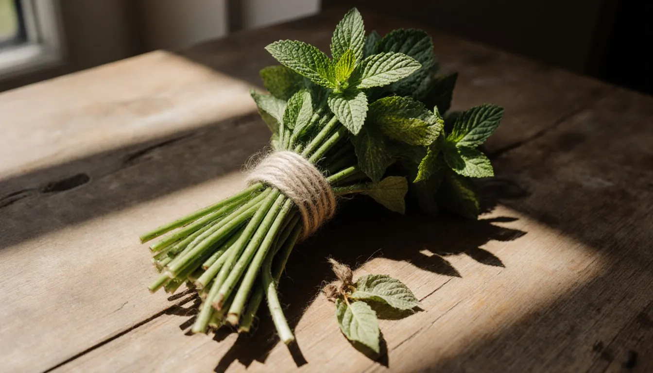 A tied bundle of fresh mint stems beside loose dried mint leaves on a wooden surface