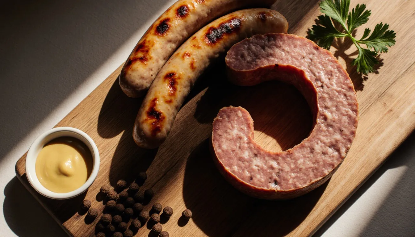 A coiled ring of mettwurst beside grilled bratwurst links on a wooden board, showing their contrasting textures