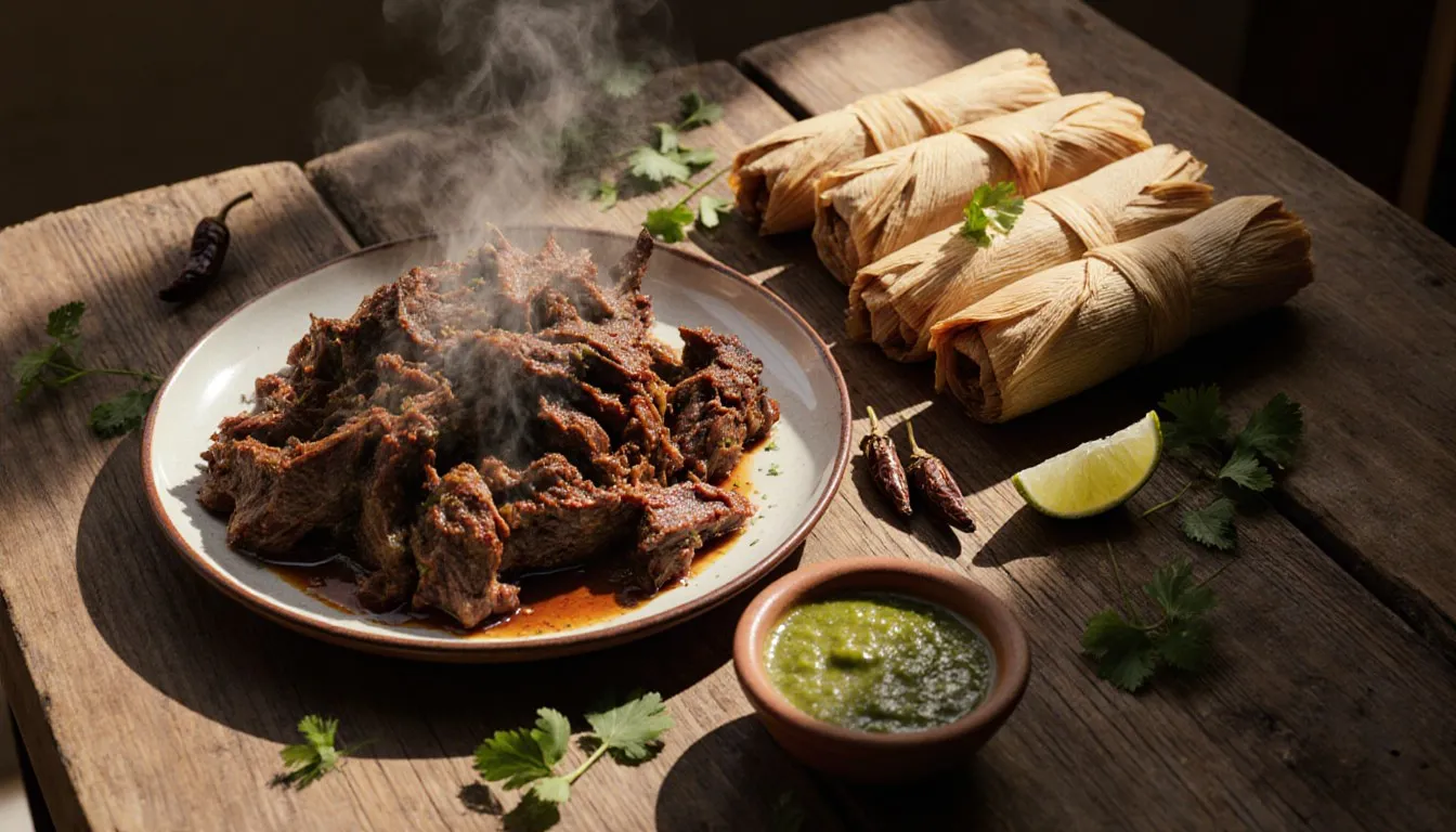 Shredded barbacoa beef and corn-husk tamales served with a bowl of green salsa verde and lime