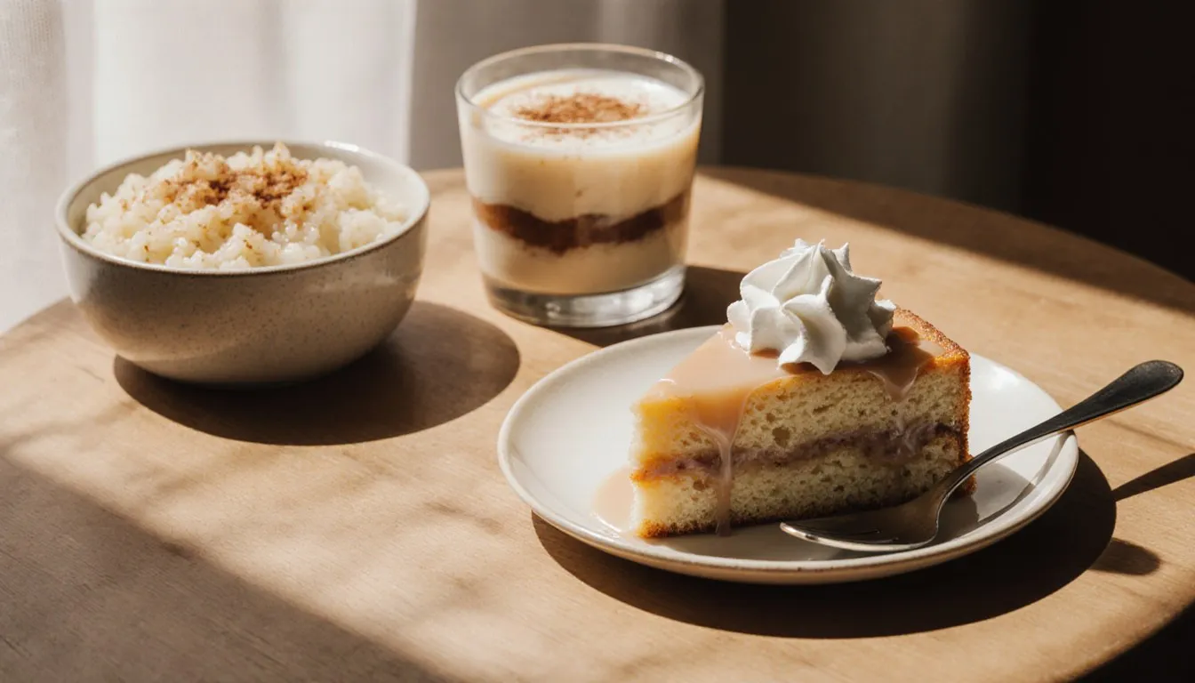 A slice of tres leches cake, a bowl of arroz con leche, and a slice of carlota arranged on a table