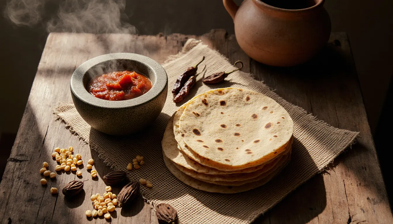 Handmade corn tortillas and salsa in a stone molcajete on a rustic wooden table