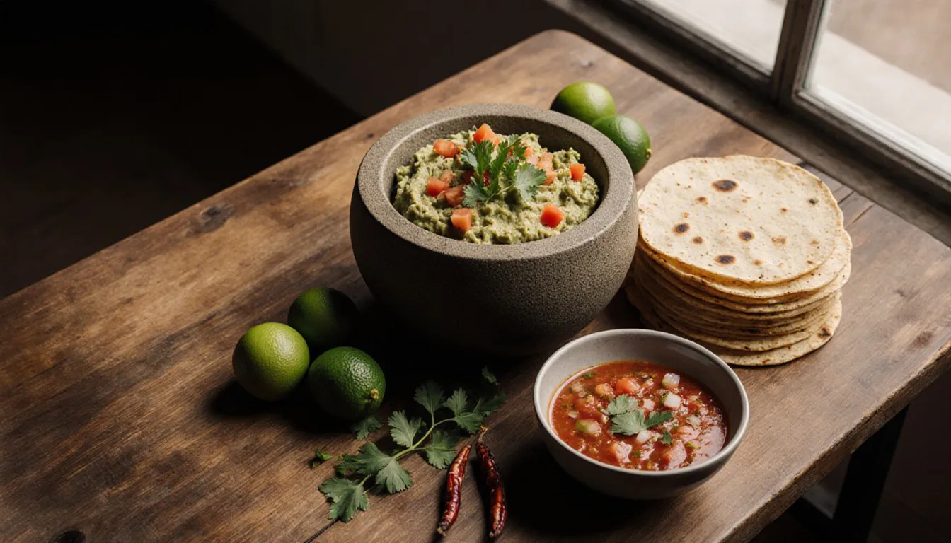Warm tortillas, guacamole, and fresh salsa arranged on a rustic wooden table