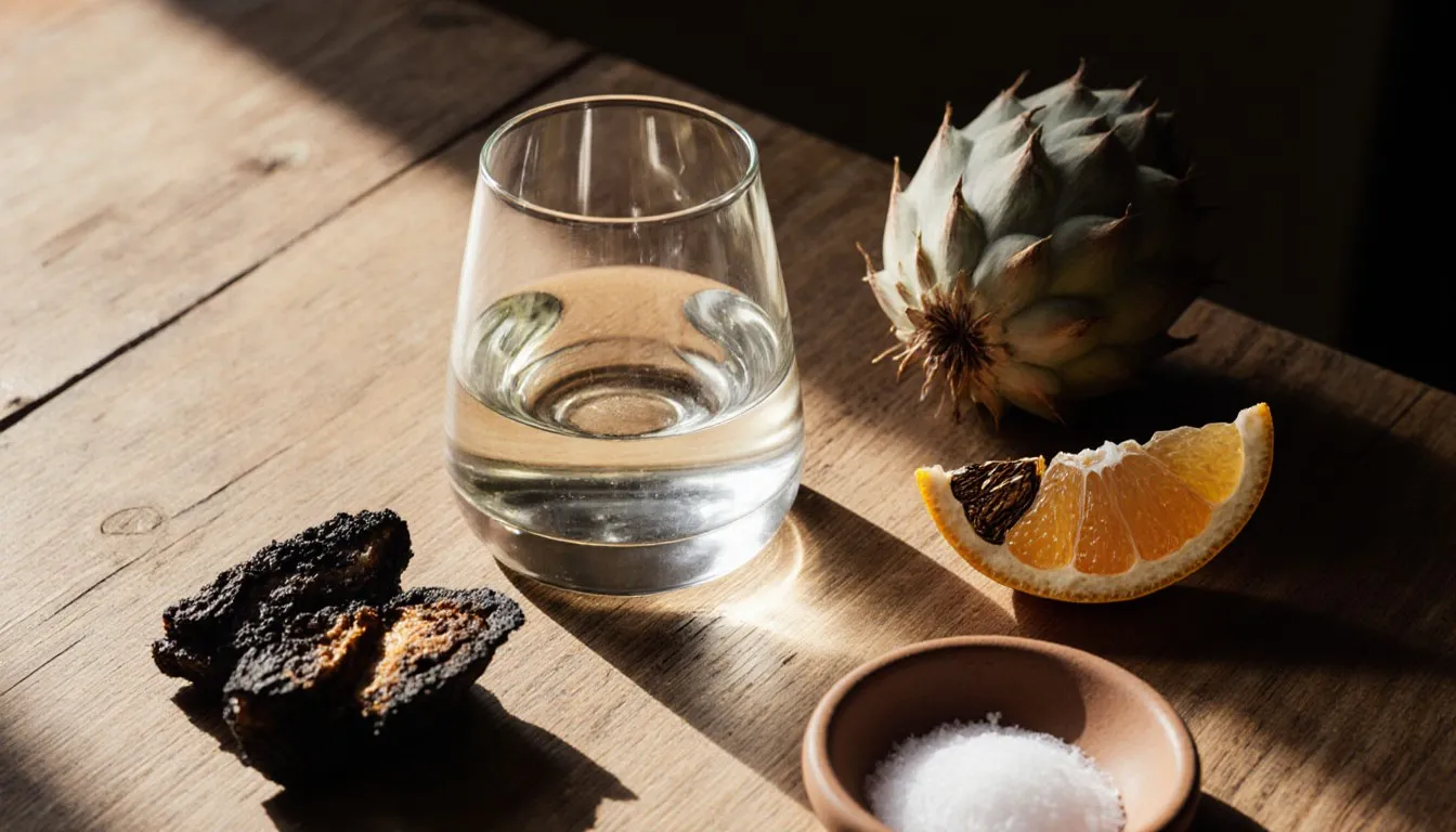 Glasses of mezcal and tequila beside roasted and raw agave pieces on a wooden table