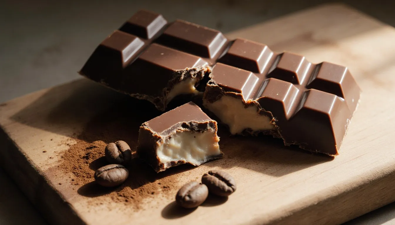 A broken bar of milk chocolate with cacao beans and cocoa powder scattered on a wooden board