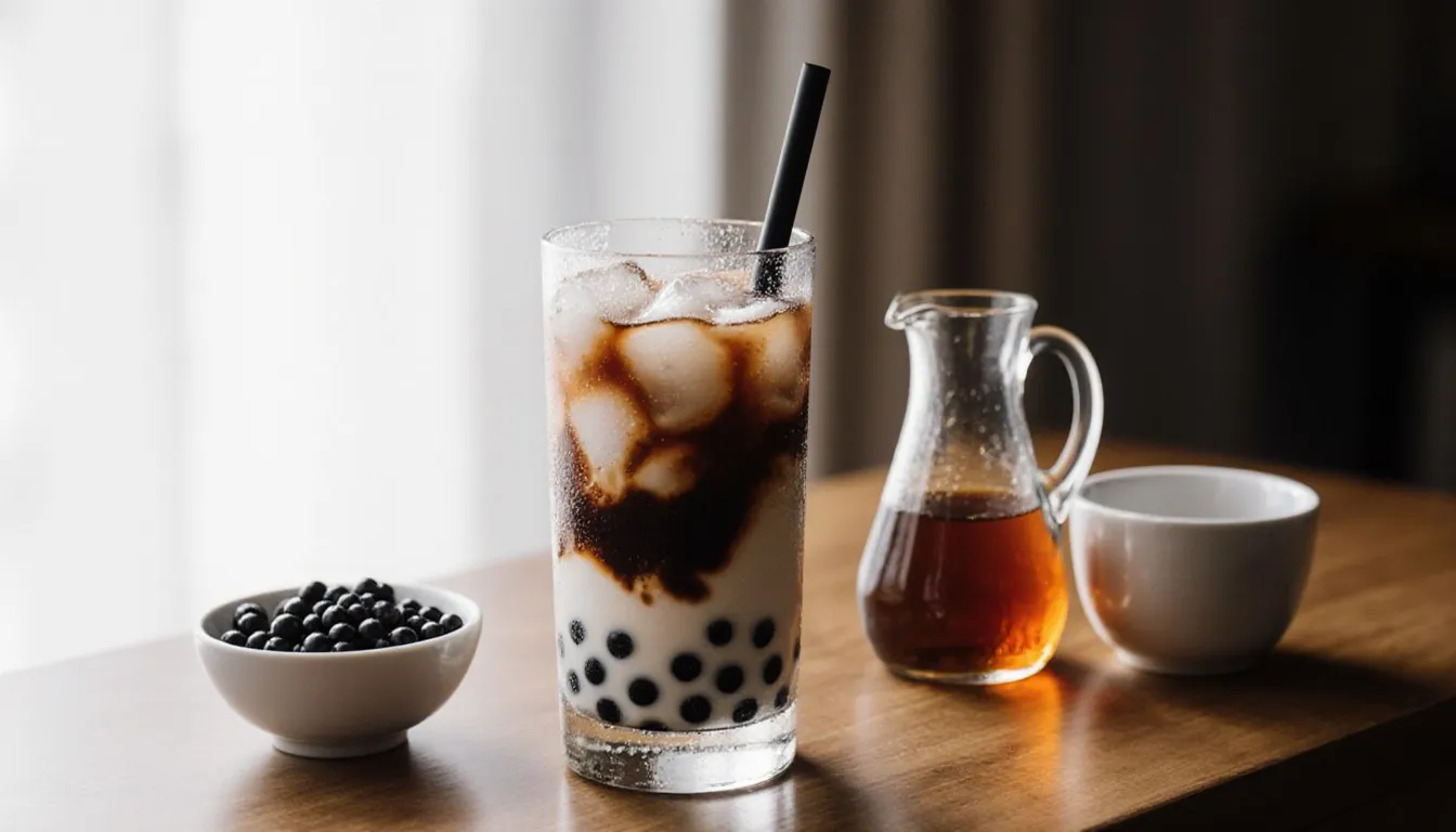 A glass of milk tea with tapioca pearls, ice, and a straw beside a bowl of pearls and syrup