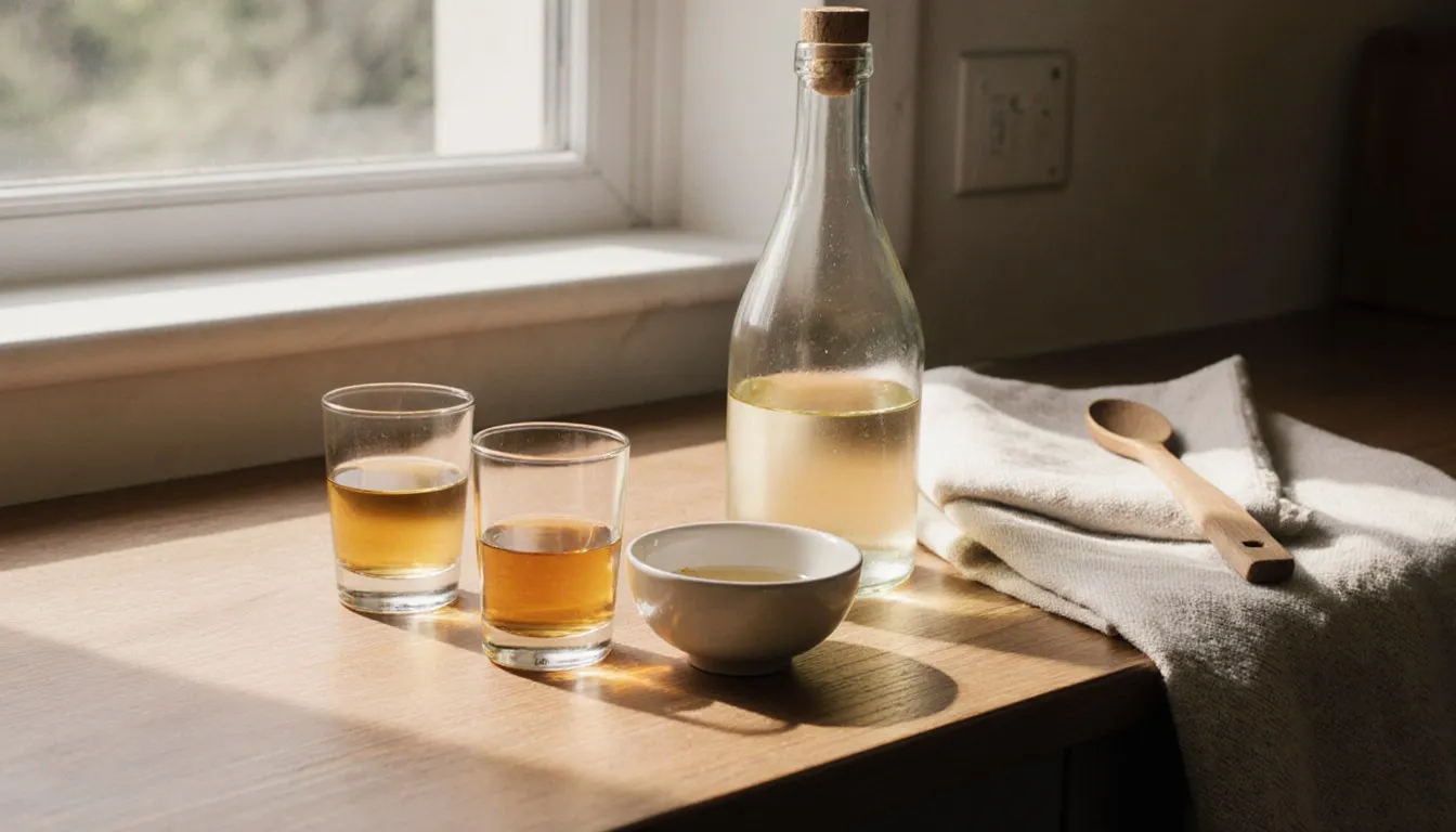 Sake, dry sherry, white wine, and rice vinegar arranged as mirin substitutes on a wooden counter