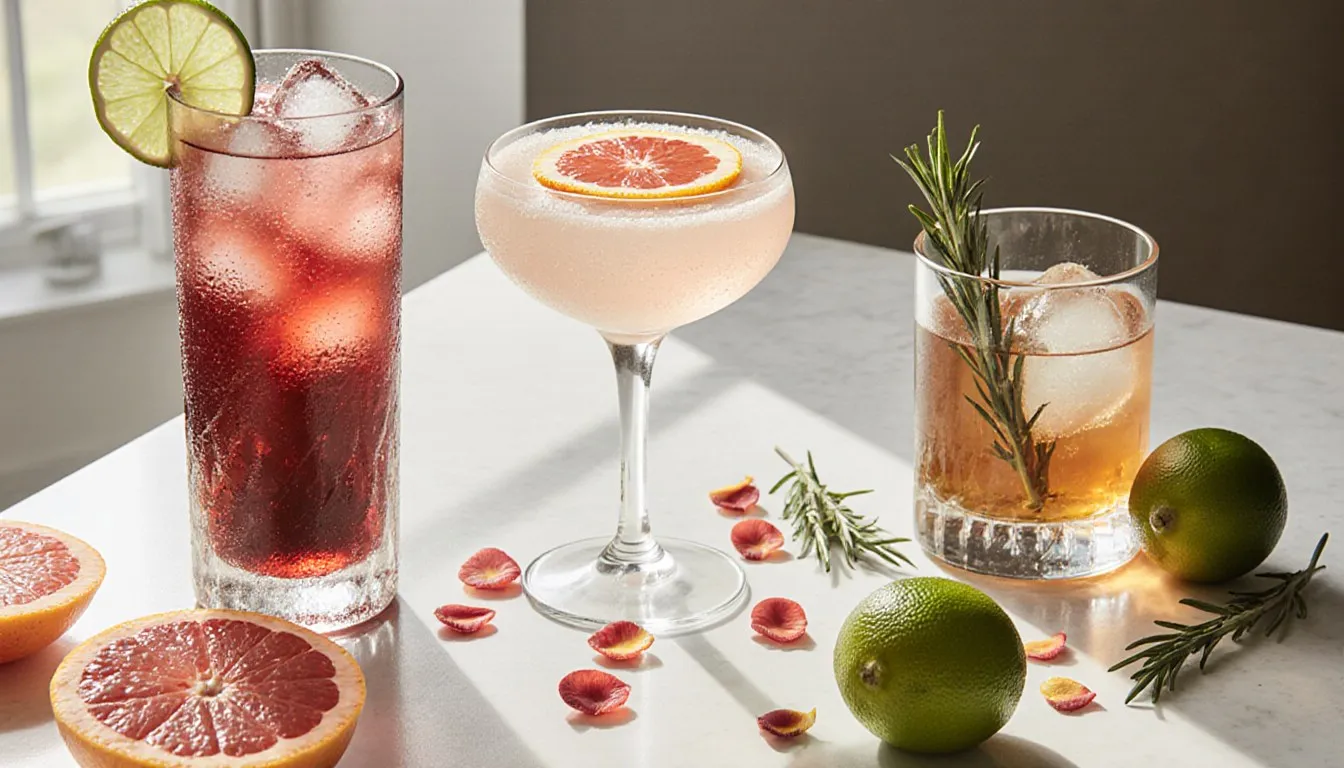 Three mocktails on a kitchen counter: red hibiscus cooler, citrus fizz, and amber ginger-honey drink with rosemary