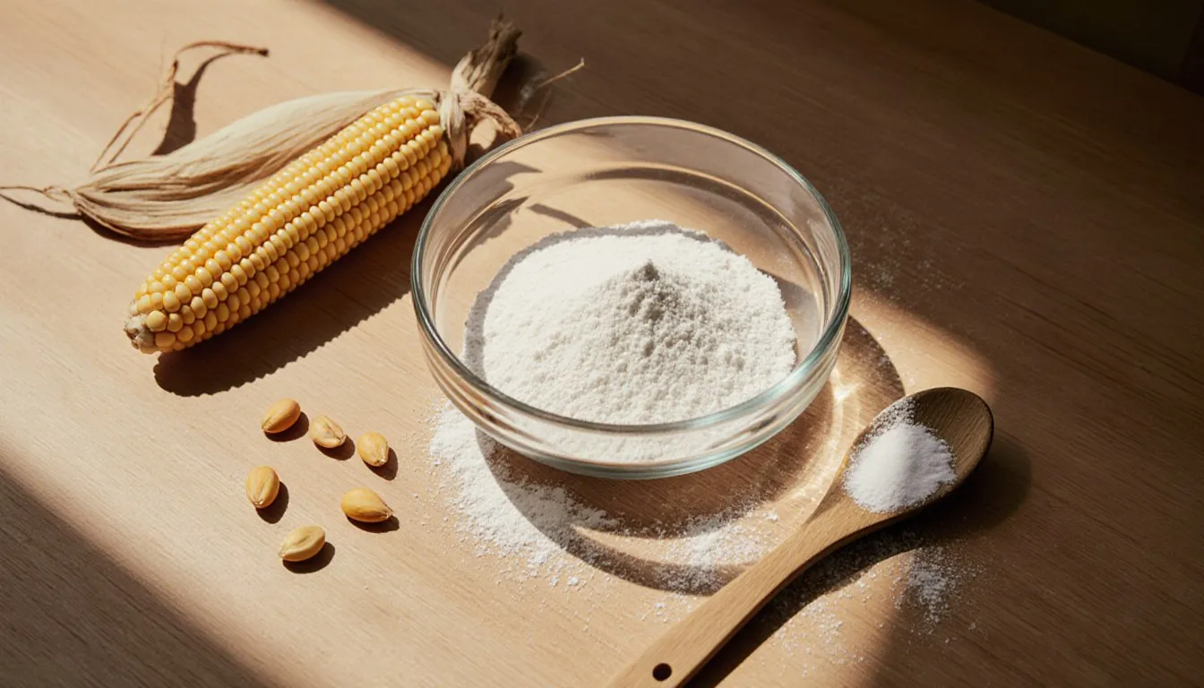 A bowl of white cornstarch powder beside a dried corn cob and loose kernels on a kitchen counter