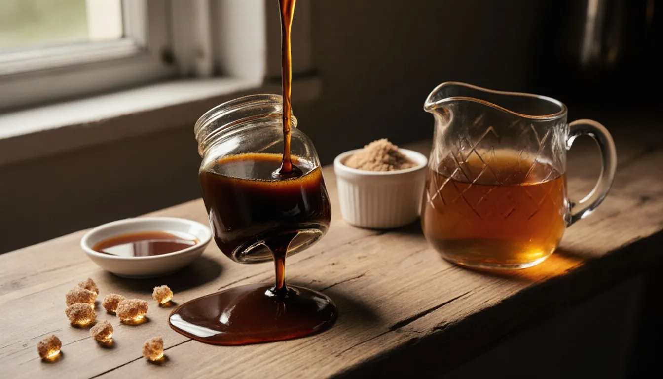 A jar of molasses pouring beside honey and maple syrup, common molasses substitutes, on a wooden counter