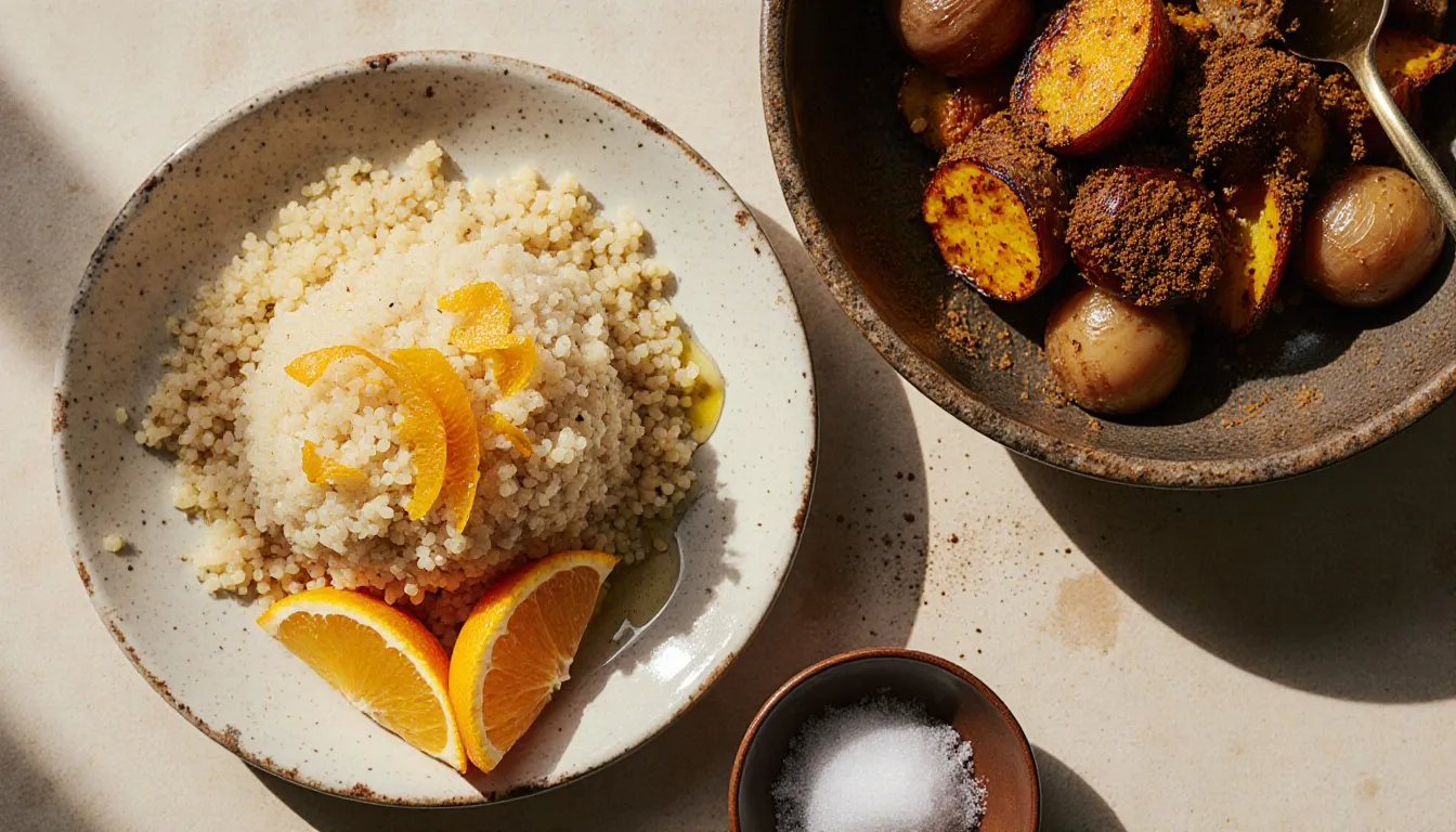 Moroccan couscous with orange peel served beside a bowl of cumin-spiced roasted shallots and vegetables