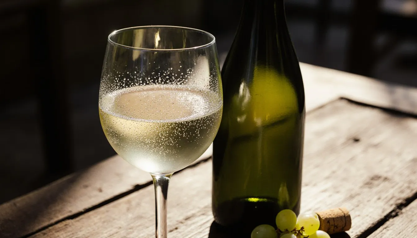 A glass of pale golden Moscato wine beside an unlabeled bottle and grapes in sunlight