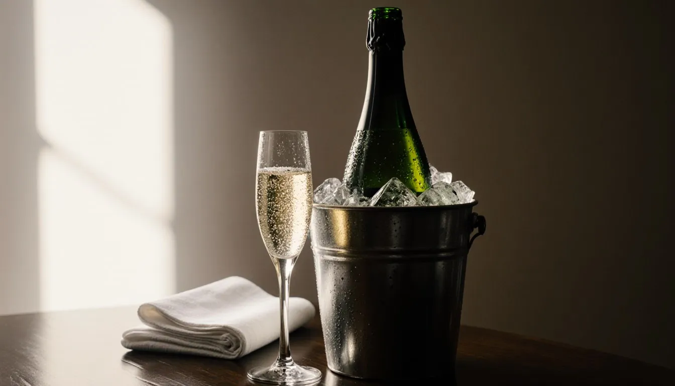 An unlabeled champagne bottle in an ice bucket beside a filled crystal flute, evoking rare luxury champagne
