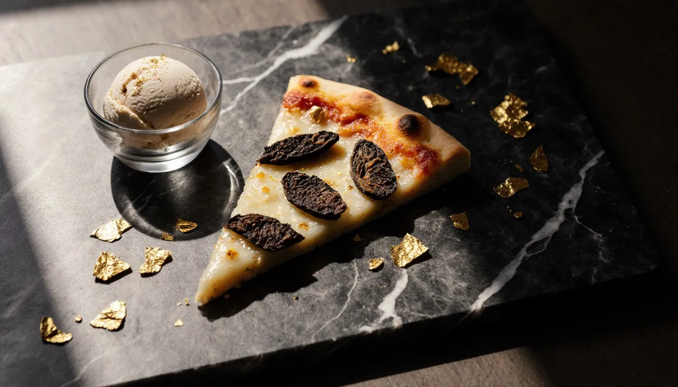 A truffle-topped pizza slice and gold-leaf ice cream arranged as examples of the world's most expensive foods