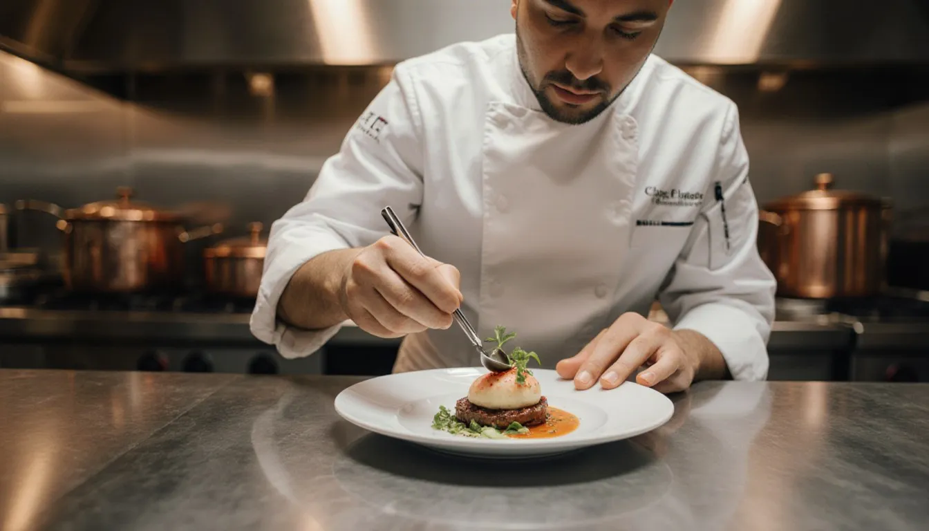 A chef's hands plating an elegant dish with precise final touches in a professional kitchen
