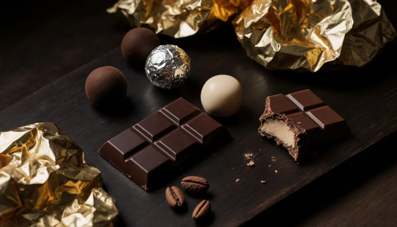 Broken bars of dark and milk chocolate with unwrapped gold-foiled truffles arranged on a wooden board