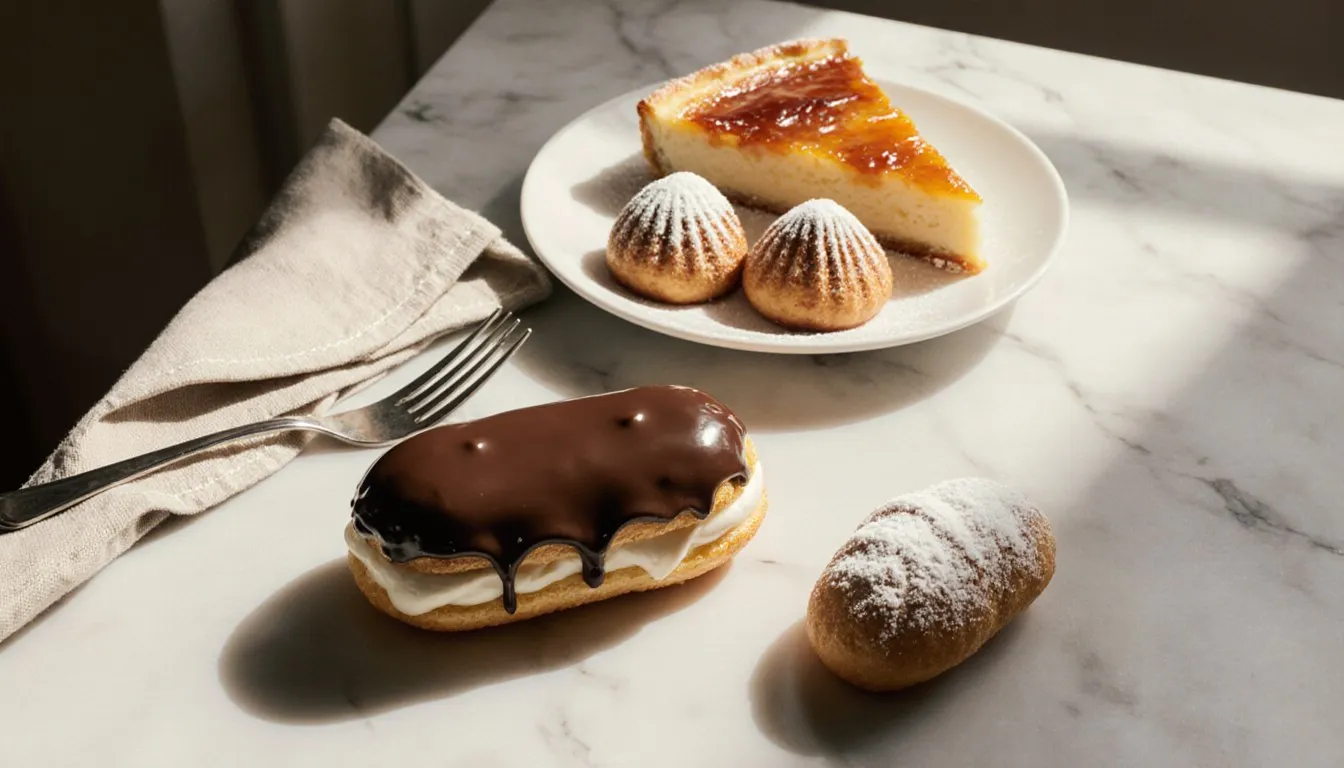 A still life of French pastries including a chocolate eclair, profiteroles, and madeleines on a marble surface