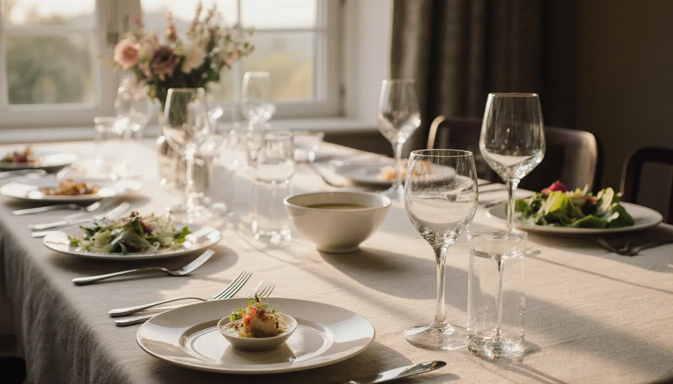 An elegantly set table with courses of food and wine glasses arranged for a formal multi-course dinner