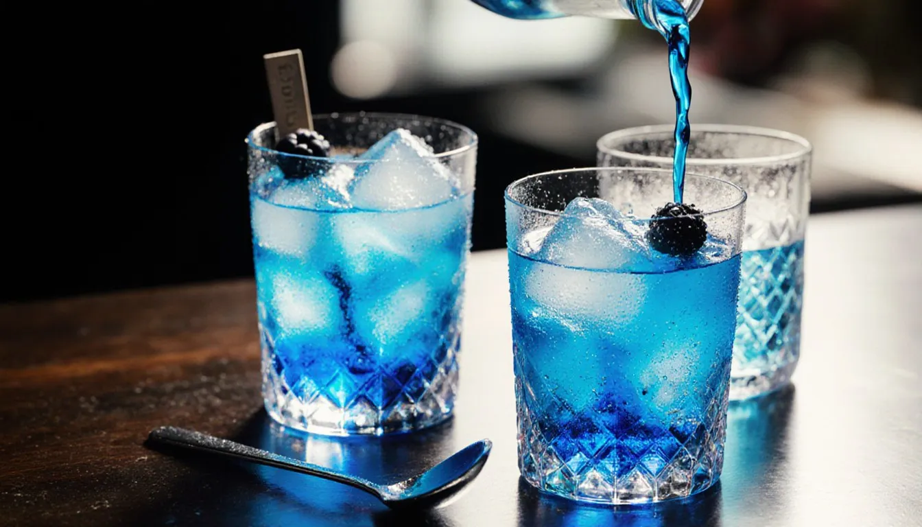 Two bright blue curaçao vodka cocktails garnished with blueberries on a bar top