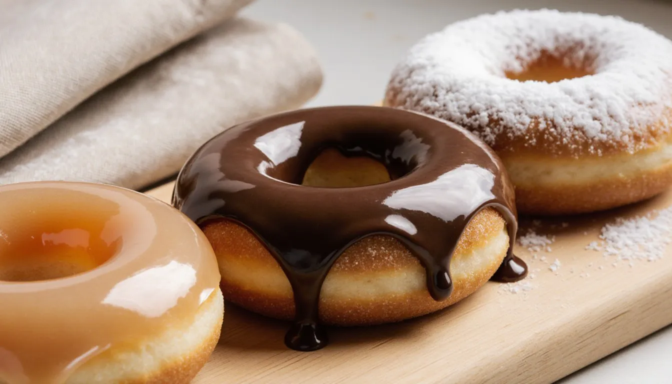 Three donuts on a wooden board: glazed, chocolate-glazed, and powdered sugar varieties