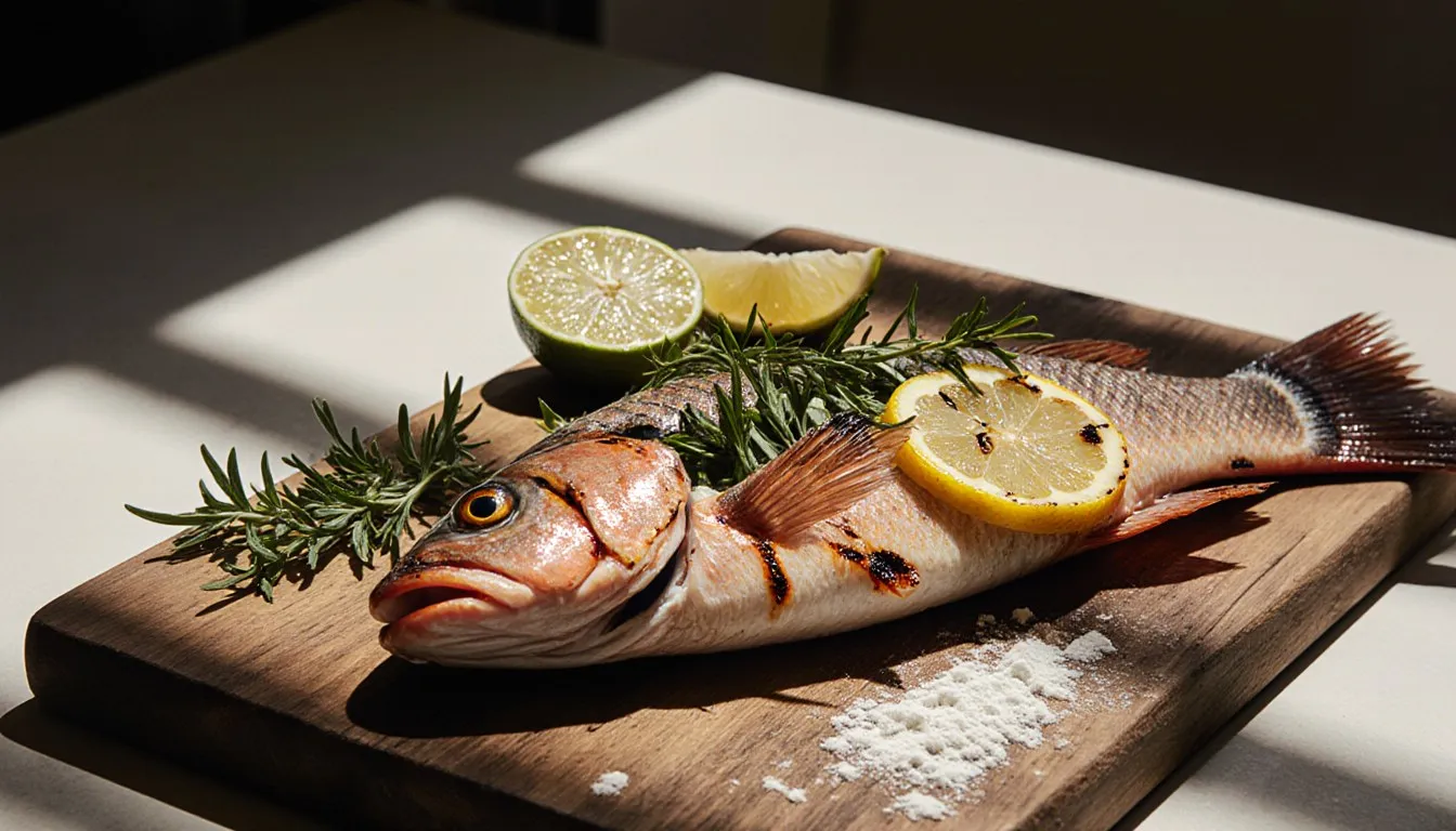 A whole grilled red mullet fish, stuffed with herbs and lemon, resting on a wooden board