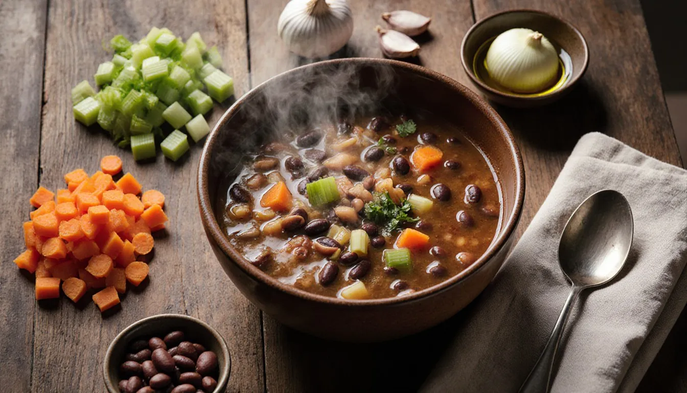 Overhead view of a bowl of multi-bean soup surrounded by dried beans, carrots, celery, and onion