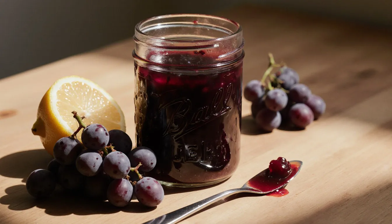 A jar of homemade muscadine jelly beside fresh muscadine grapes and a halved lemon on a wooden table