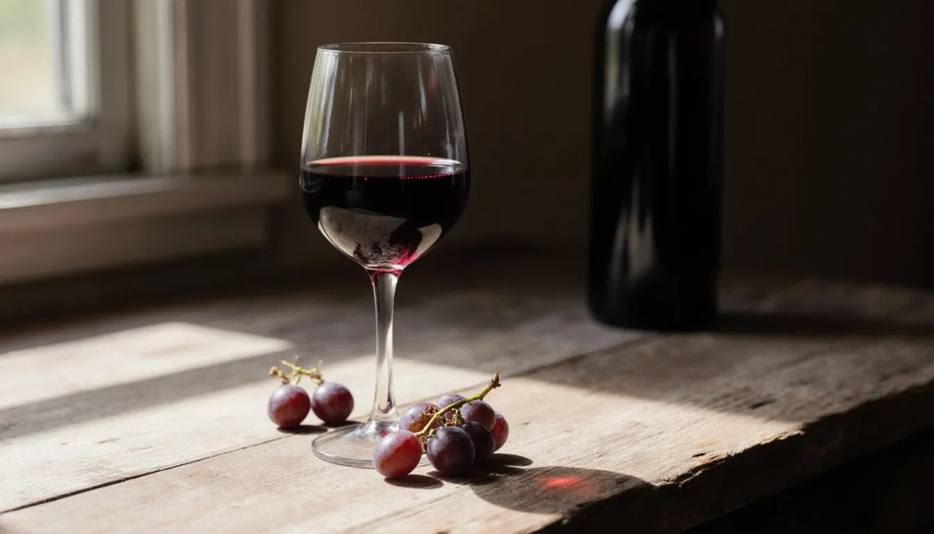 A glass of homemade muscadine wine beside a cluster of fresh muscadine grapes on a wooden table