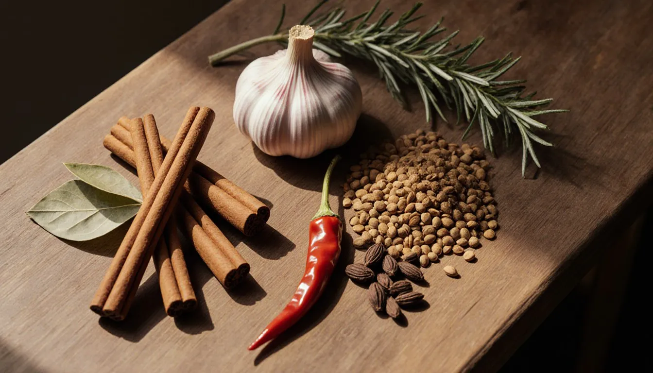 Cinnamon sticks, bay leaves, dried chilies, garlic, and fresh herbs arranged on a wooden kitchen counter