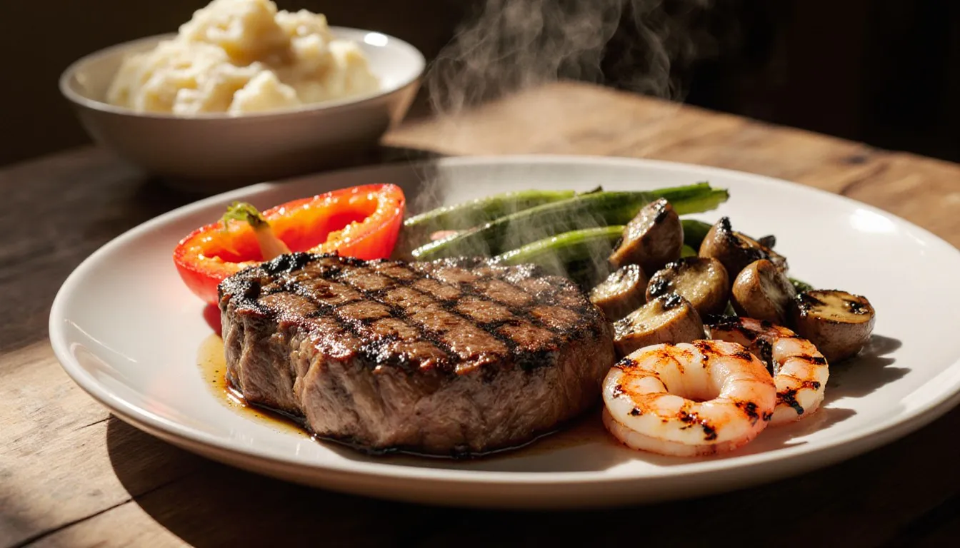 Seared steak and grilled shrimp plated with charred peppers, mushrooms, and green onions
