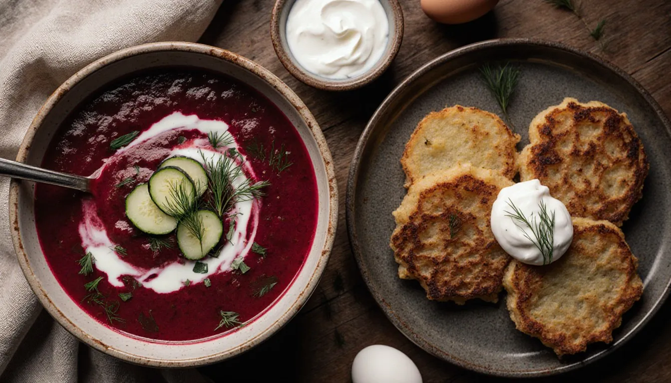 A bowl of magenta cold beet soup and golden potato pancakes topped with sour cream, traditional Lithuanian dishes